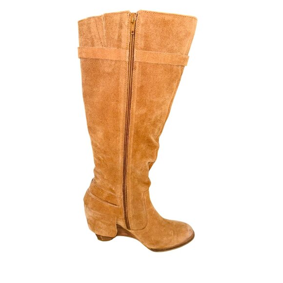 Naughty Monkey Tan Suede Knee-High Slouchy Distressed Boots Boho Western Wedge - Picture 11 of 13